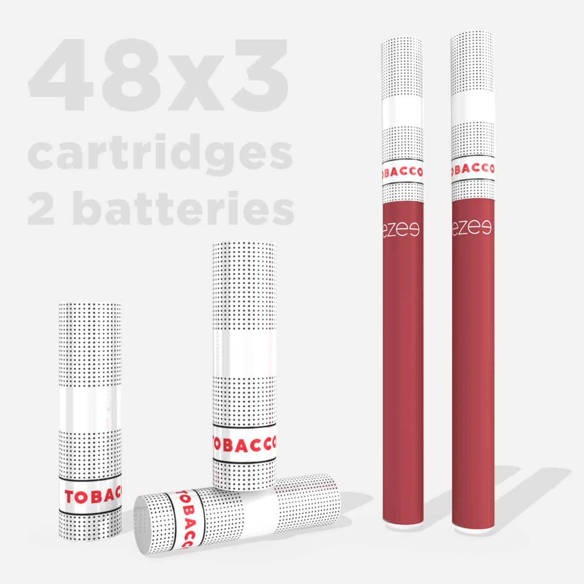 Ezee Tobacco 20mg Cartridges (48 Packs of 3) + 2 Batteries