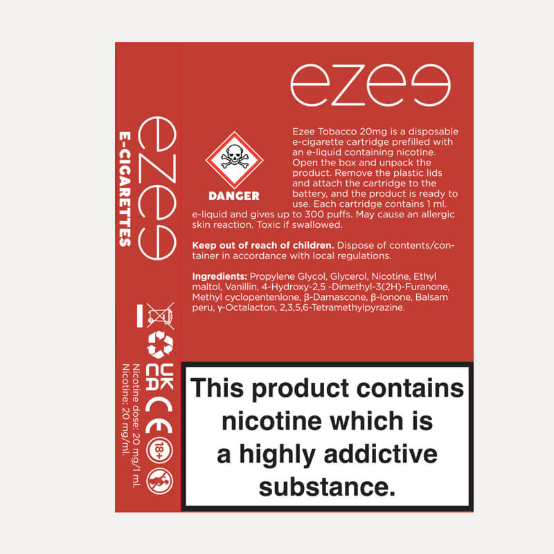ezee e-cigarette cartridges tobacco 20mg nicotine 3 cartridges
