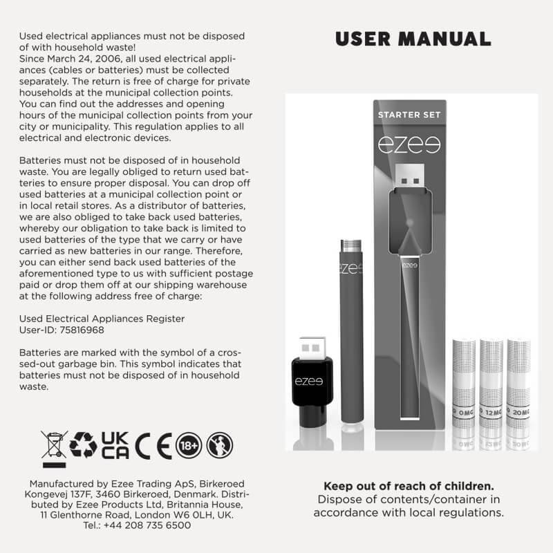 Ezee Cigalike Starter Kit Tobacco Nicotine free